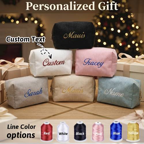 embroidery customization personalized customizable name toiletry bag durable zipper closure corduroy makeup bag large capacity fashion portable cosmetics storage bag toiletries organizer foldable swab bag skincare bag coin purse