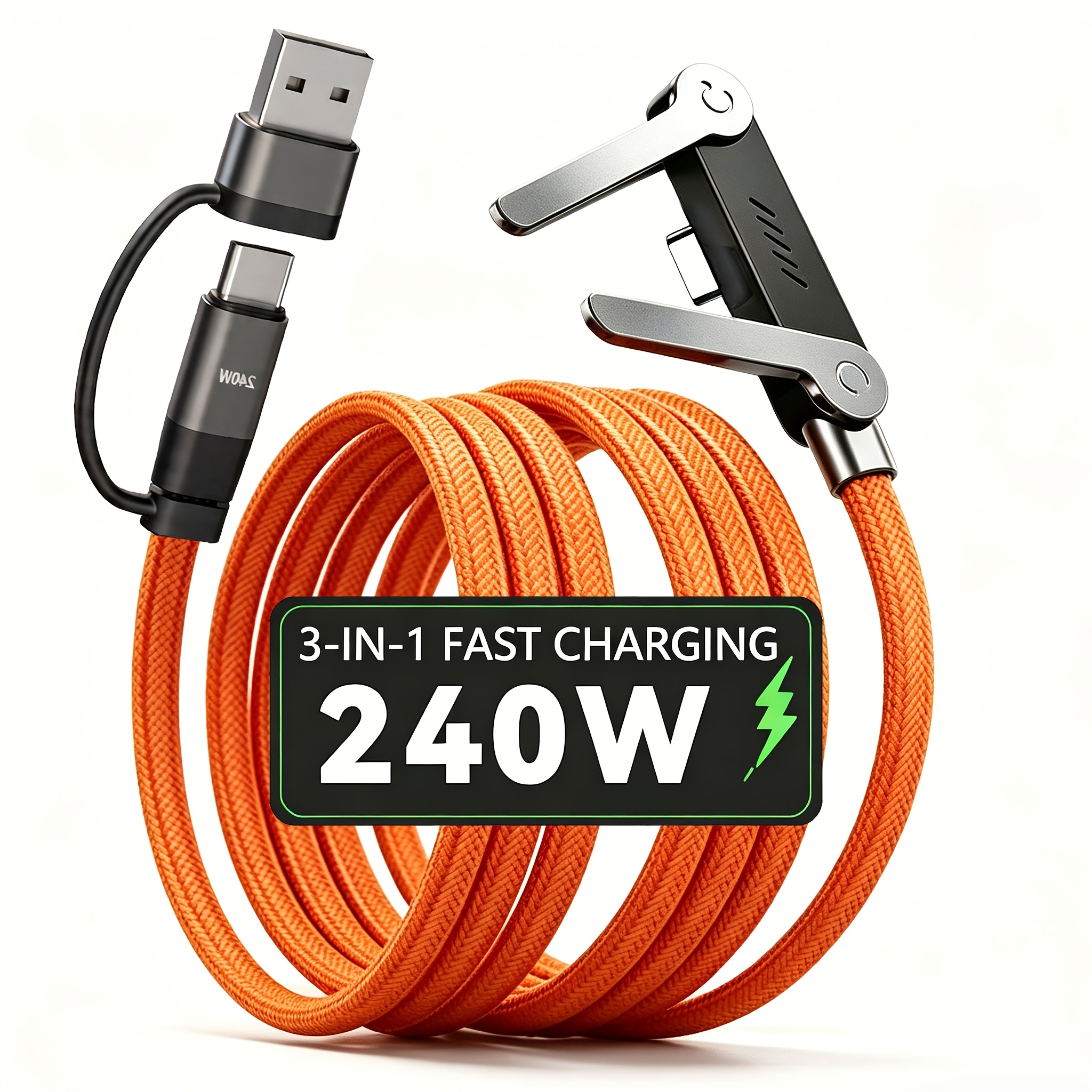 صورة العنصر كابل شاحن سريع 240 واط 2 في 1 مع حامل هاتف قابل للطي ومخفي وغير مرئي، سلك usb a إلى type c و type c إلى type c قابل للتحويل، تصميم حامل متعدد الزوايا للاستخدام في الألعاب والعمل والمنزل