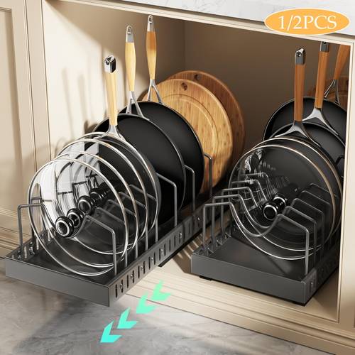 1 2pcs pull out pot and pan storage box for cabinets kitchen sliding lid rack and pan holder cabinet sliding storage box for storing lids baking tools and plates 8 16 adjustable dividers kitchen decor and accessories