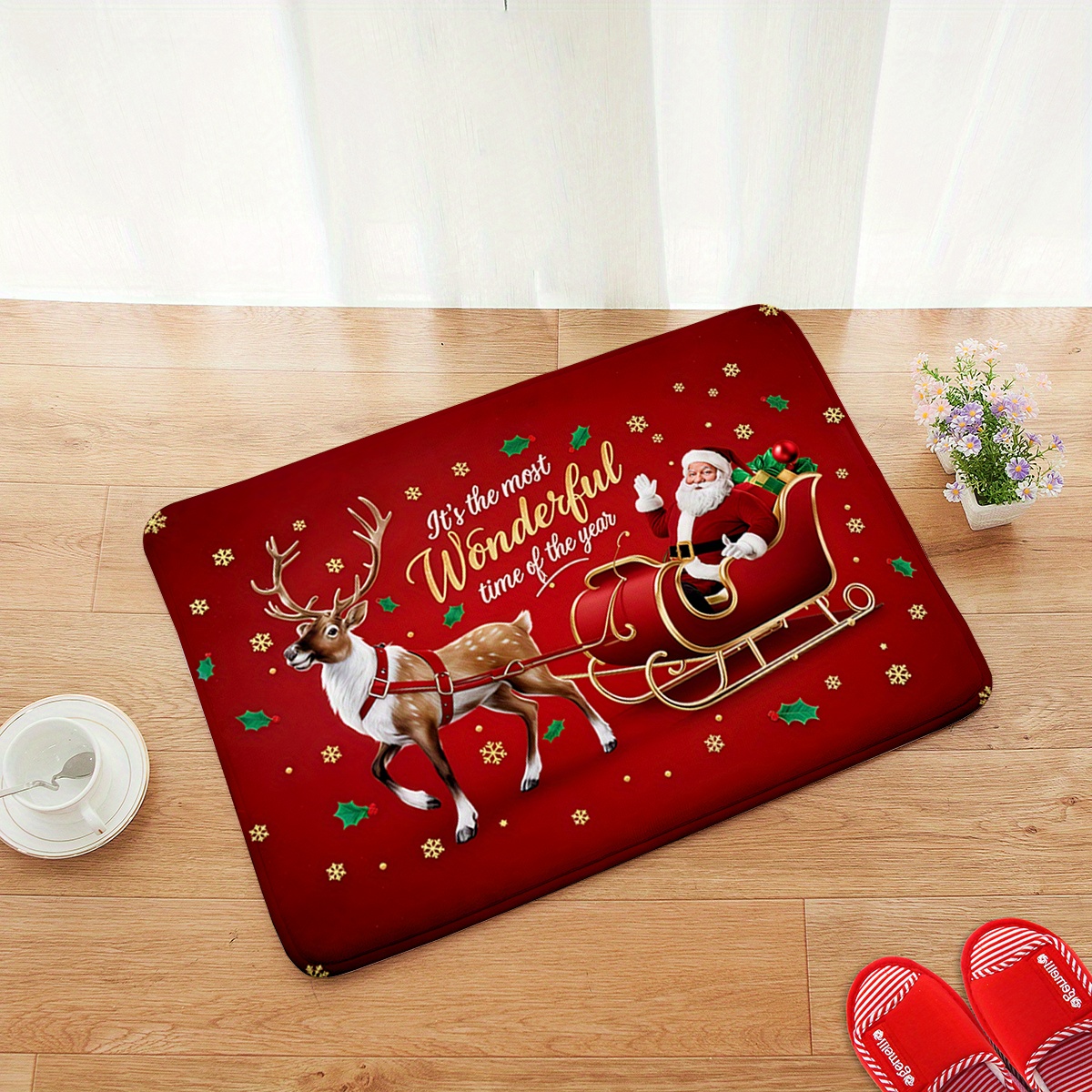 TEMU 1pc Sled Pattern Door Mat, " The Most Of The Year" Printed Home Christmas Decor Carpet, Machine Washable, Winter Wash Basin Bathtub Side