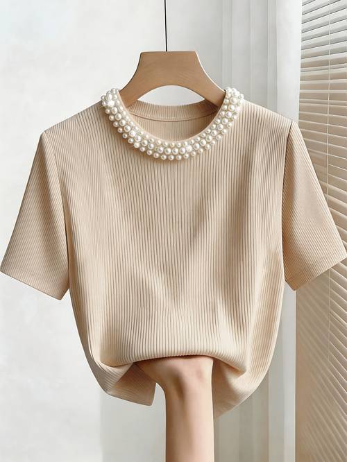 item picture spring and summer directional womens elegant fit round neck beaded short sleeve casual t shirt
