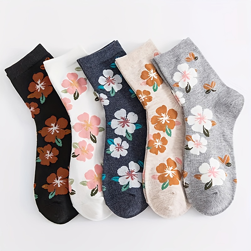 5-pack Mixed Color Fresh Breathable Sweet Floral Casual Socks