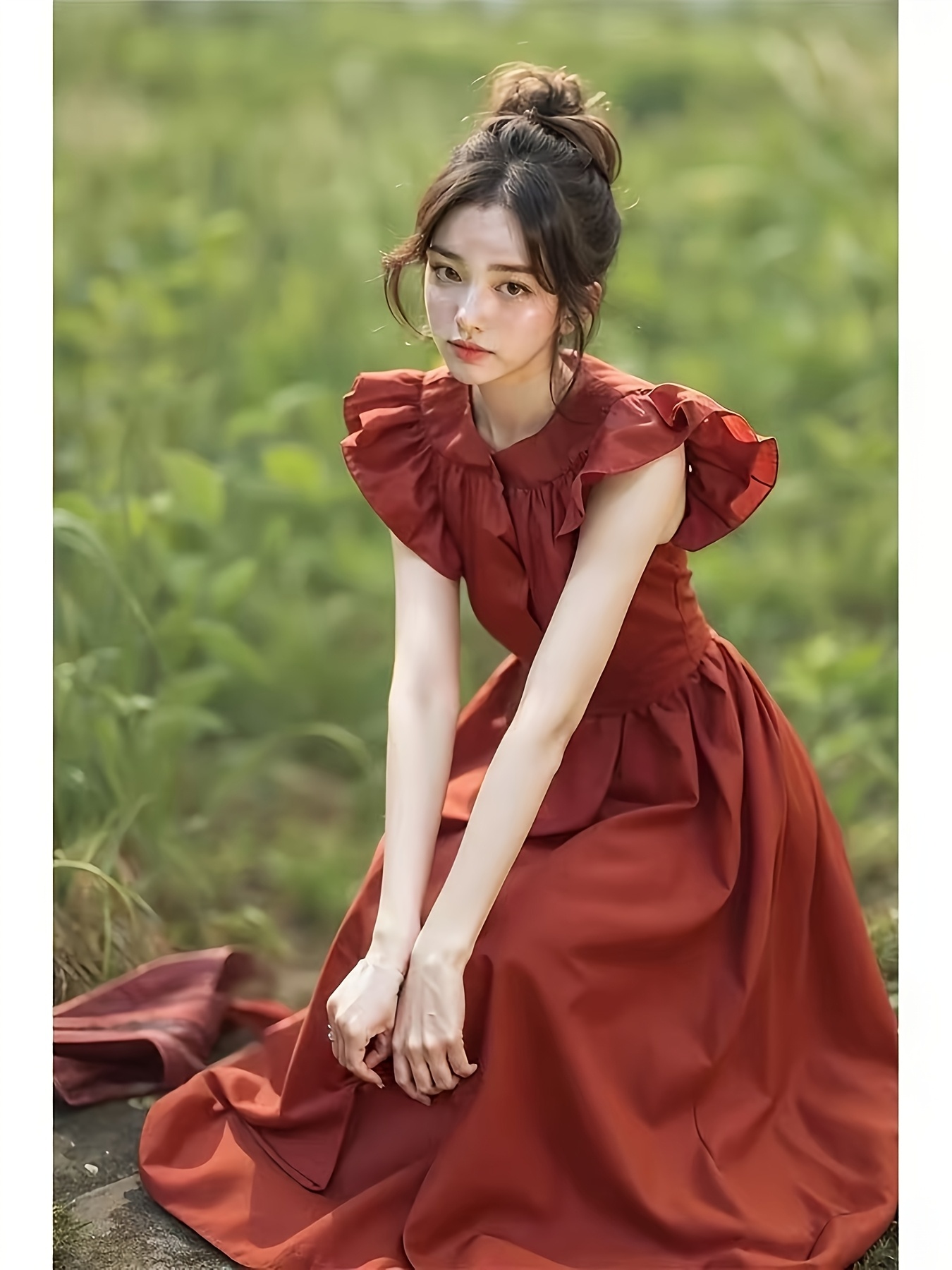 elegant vintage inspired red ruffle sleeve dress women Temu Italy