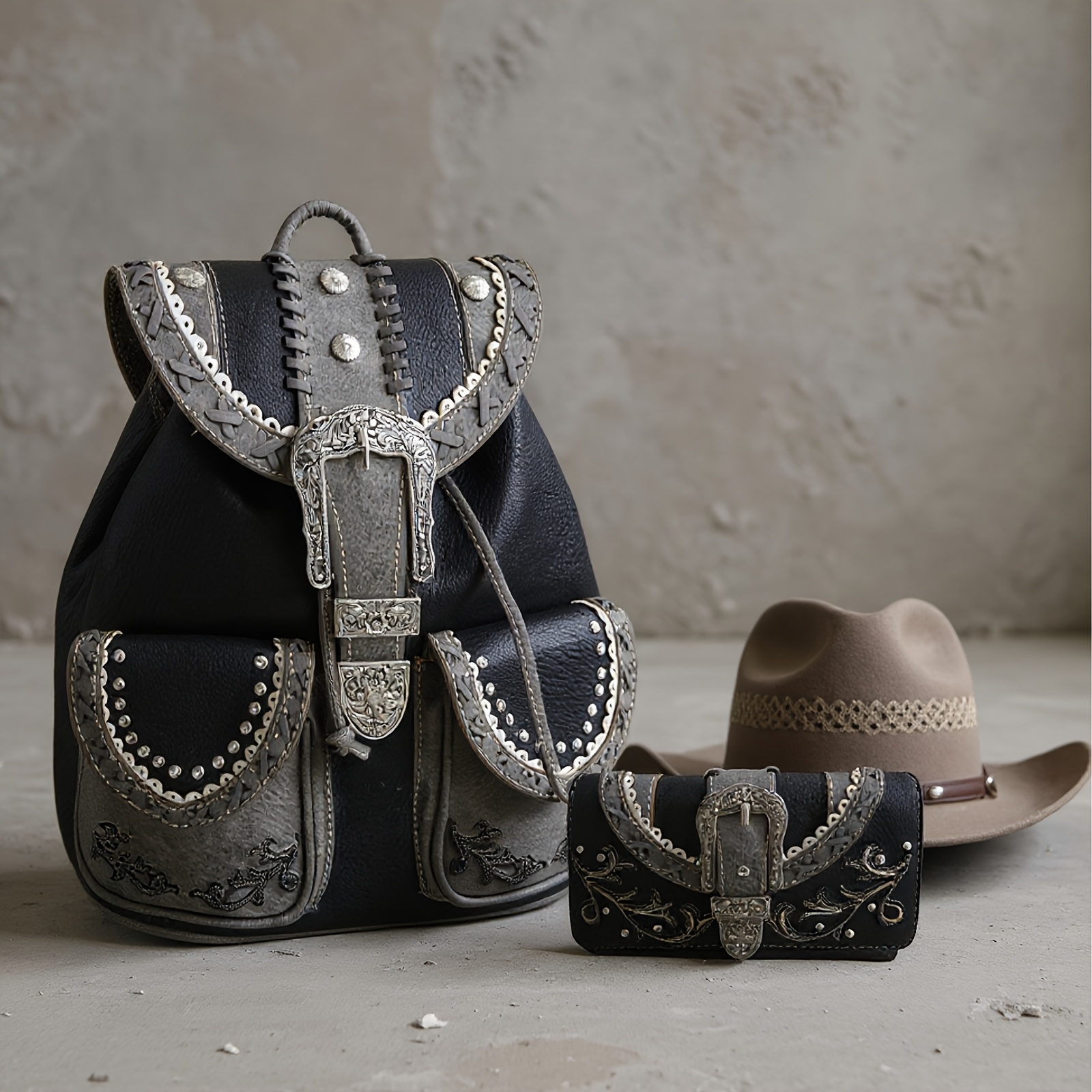 western cowboy style studded backpack wallet set matching - Temu display picture 1