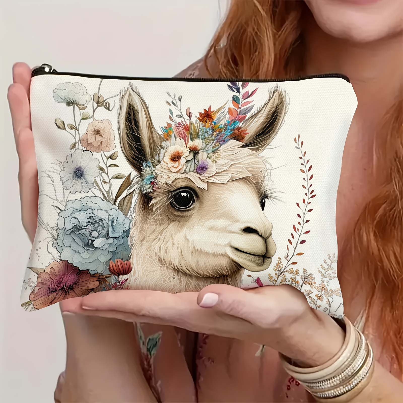 

1pc Unisex Alpaca Llama Floral Crown Print Cosmetic Pouch, Polyester, Hypoallergenic, Adult Makeup Bag With Zipper Closure