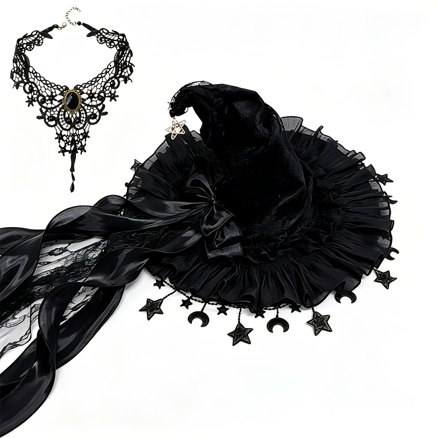 2pcs Set (1 Hat + 1 Necklace) Gothic Hat with Star and Moon Charms, Tulle Wizard Hat Decorated with Long Satin Lace Ribbon Bow, Halloween Cosplay Party Accessory for Women