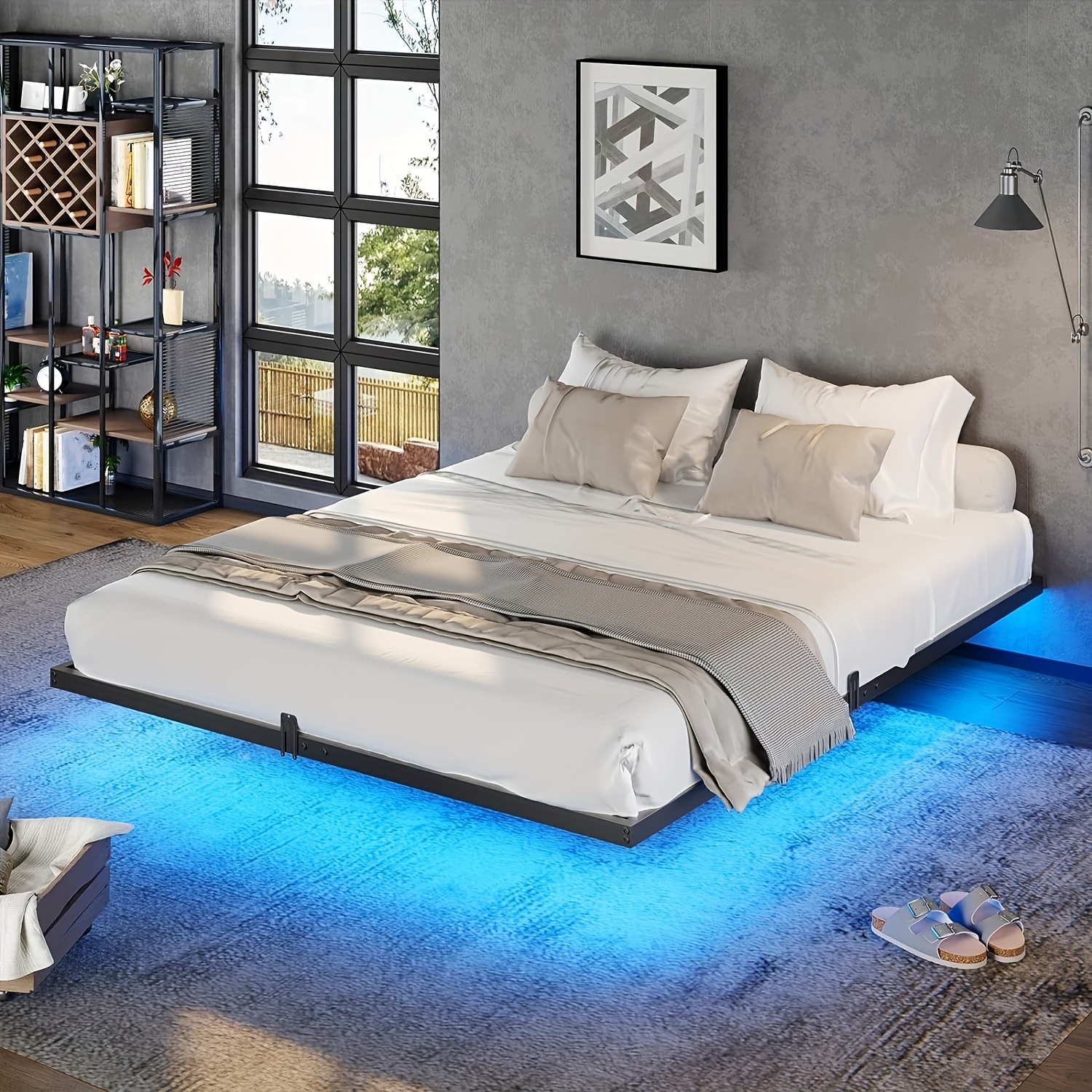 TEMU Full/queen/king Size Floating Bed Frame Led Metal Platform Bed With Led Lights For Bedroom, 4 Mattress Slide Stopper, Black