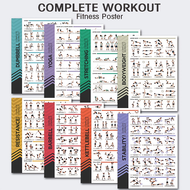 E-shop 8-teiliges Fitness-Poster-Set, Stretching-Wichttraining Hanteln Yoga, Stabilitätsball, Langhantel, Widerstandsband, Kettlebell Komplettes