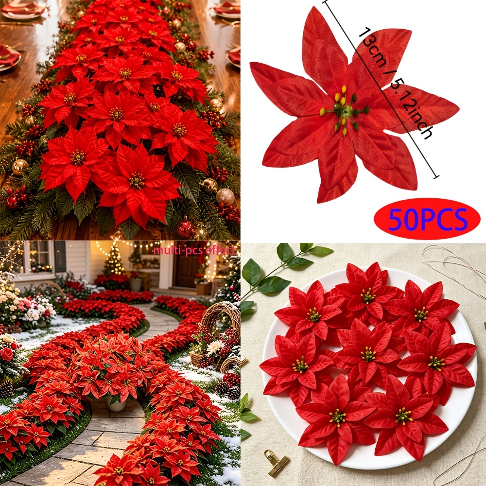 TEMU 20pcs/50pcs Pack Red Artificial Poinsettia Flower Heads - Realistic Faux Poinsettias Suitable For Christmas Trees, Wreaths, Garlands, Table