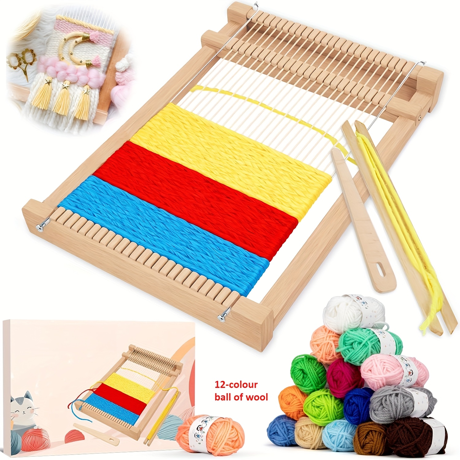 Beginner-friendly Wooden Loom Kit With Handmade Yarn & Accessories - Wood Weaving Table & S, Complete Craft Set With Shuttle, Pegs, Ruler-like Stick - Diy Handmade, /christmas Gift (no)