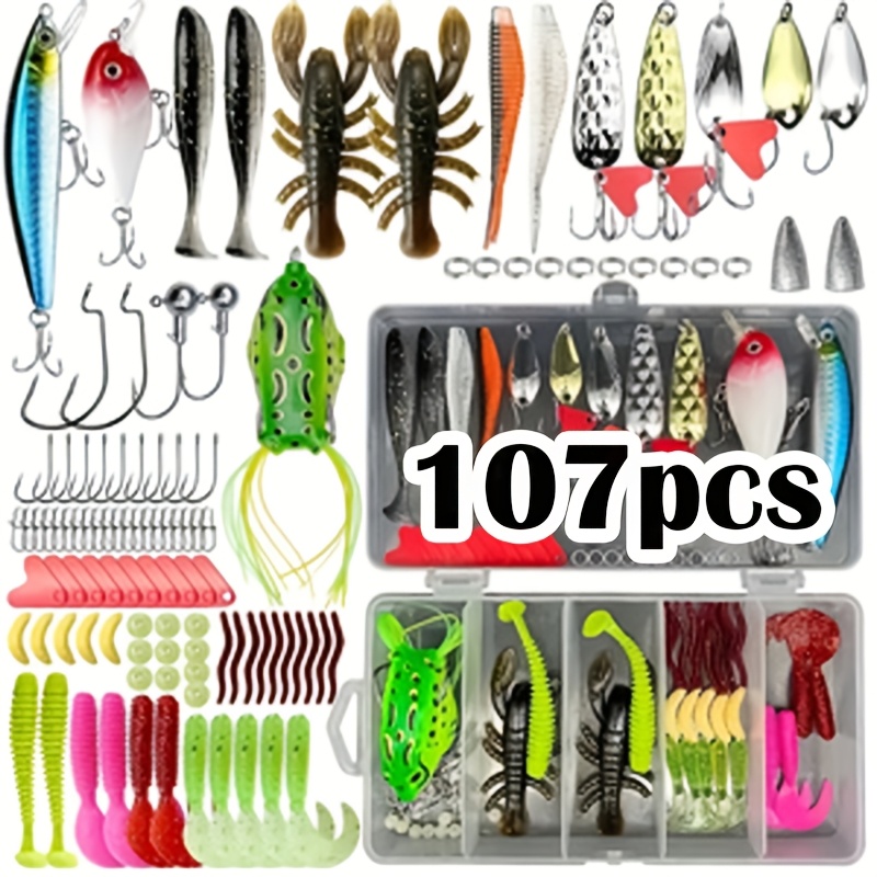 TEMU This Is A 107pcs Topwater Fishing Bait Set, Suitable For , Trout, And Salmon. It Includes Small Fish Pellets, Spoon-shaped Baits, Soft Plastic