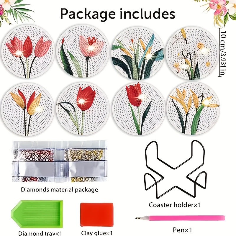 TEMU Set Of 8 Tulip Diamond Painting Coasters With A Stand, Full Diamond Home Desktop Decoration, Suitable For Coffee Cups And Drinks, Perfect As A