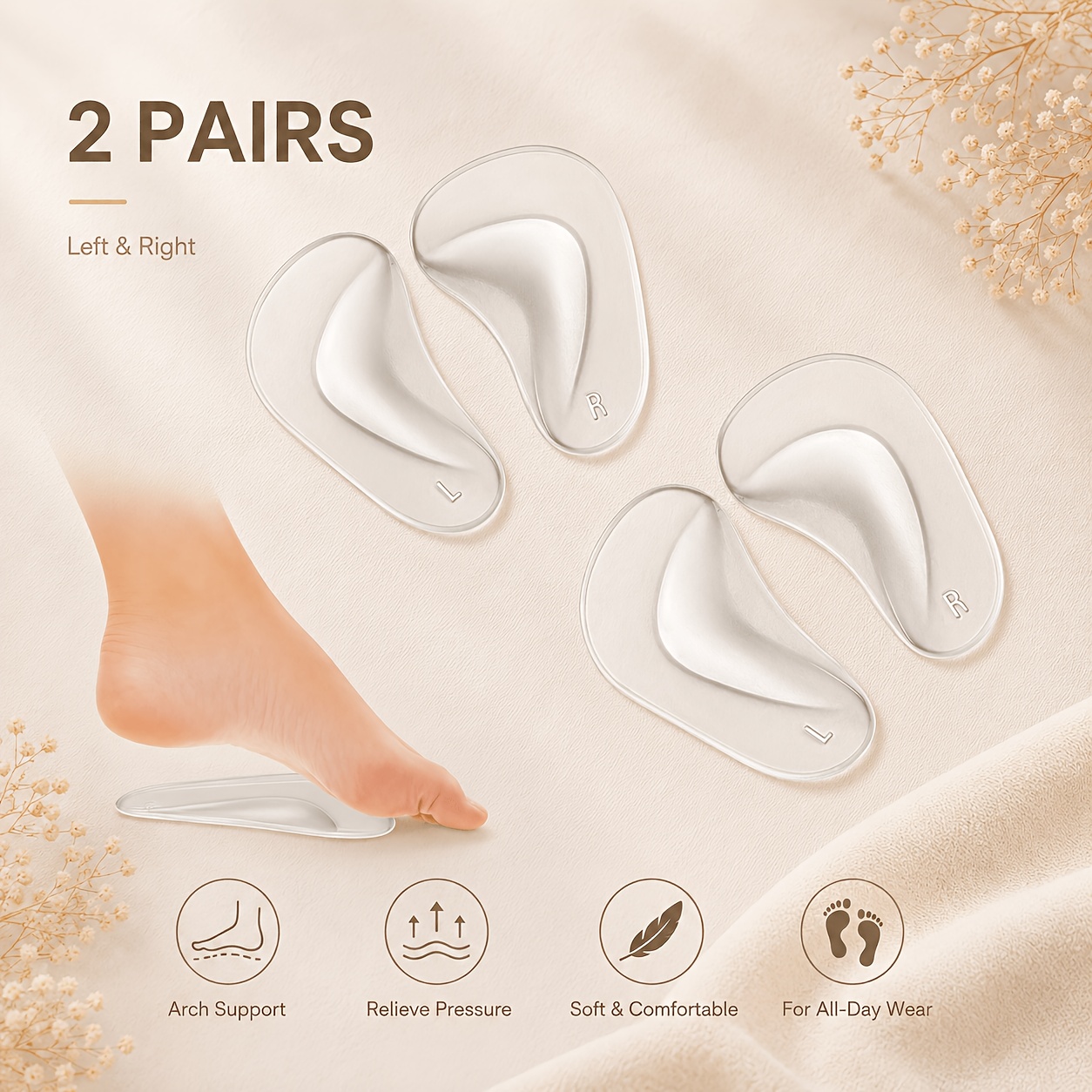 TEMU 4pcs Women&;s Invisible Gel Arch Support Insoles, Soft Non-slip Shoe Pads, Suitable For Flats, High Heels, And Casual Attire Shoes Christmas