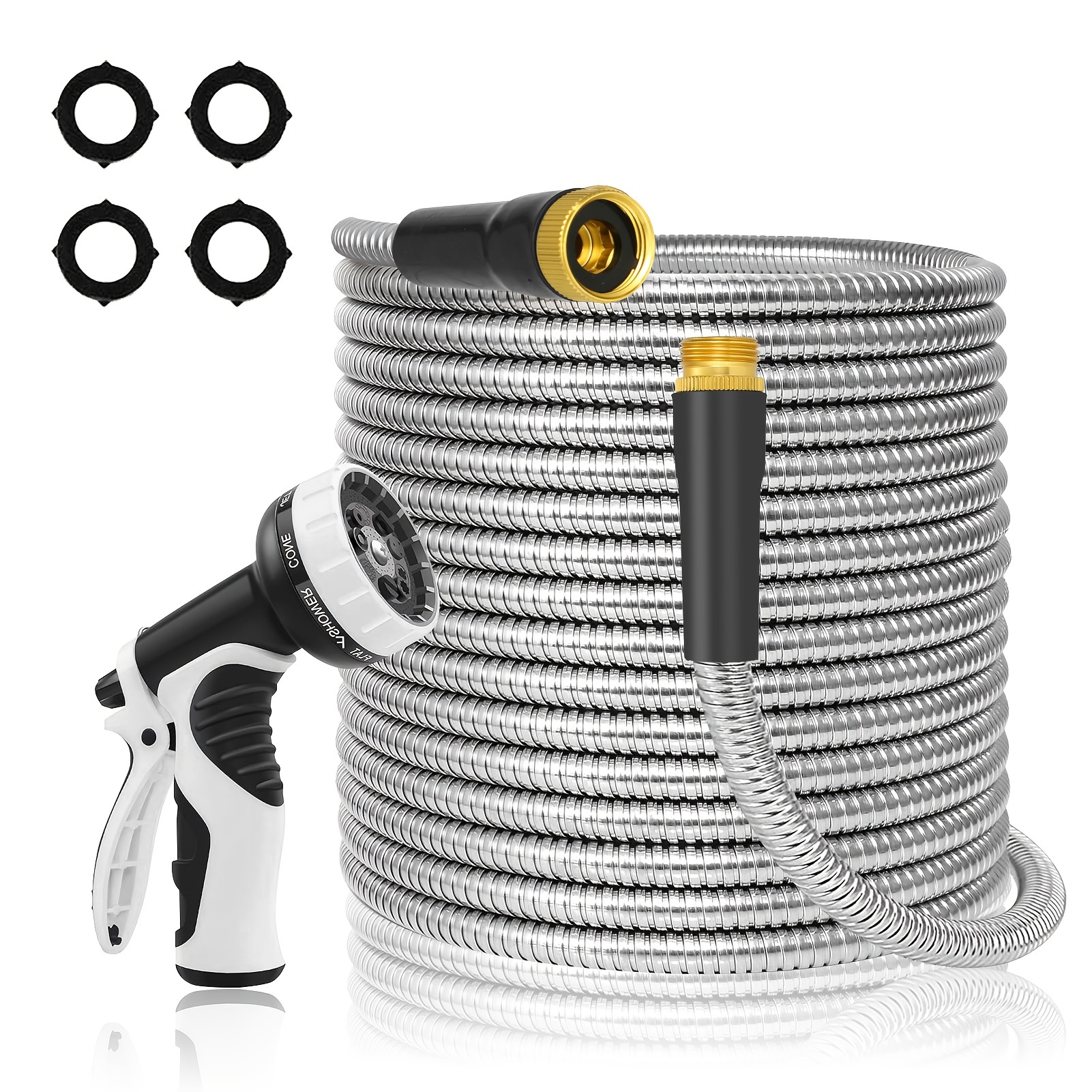 

50ft Heavy Duty Stainless Steel Garden Hose With Leak-proof Nozzle, 3/4" Fittings - Flexible, Kink-resistant, Includes High-pressure Spray For Outdoor Yard Care, Hose Spray Nozzle