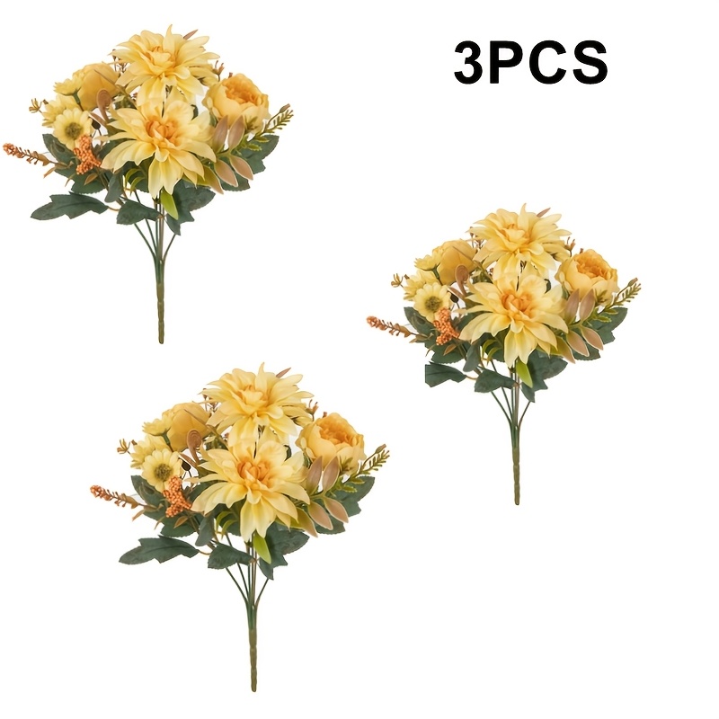 TEMU Lot de 3 bouquets de fleurs artificielles : jaune, Dahlia, , Rose, pour intérieur, salon, salle de bain, centre de table en vase, jardin