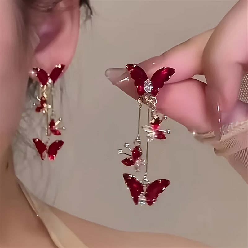 TEMU Elegant And Sexy Red Tassel Pendant Earrings, With Sparkling Synthetic, Fashionable Earrings Suitable For Daily And Wedding Party Banquet Occasions - For Beach Vacations