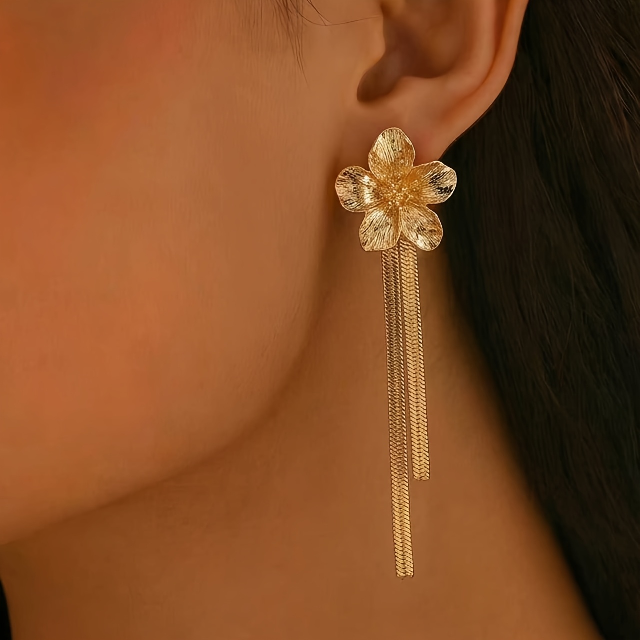 Golden Flower Shaped Tassel Long Stud Earrings