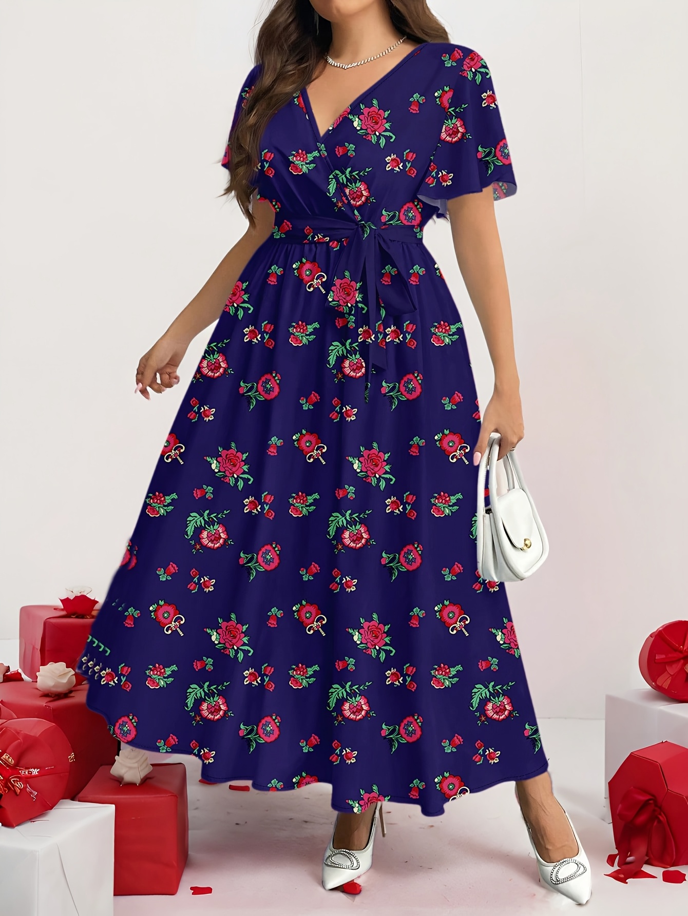 plus size plus size womens navy blue dress red floral print - Temu Oman