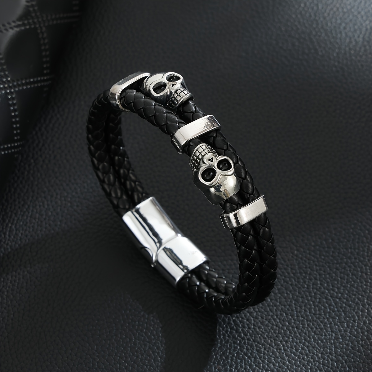 TEMU 1pc Bracelet Tissé Style Punk Européen et Américain, Bracelet Double Couche pour Homme, Fermoir Magnétique Accessoire Cool et , Bangle Tendance