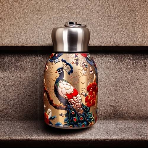 1pc 10oz carp peacock pattern mini fat kidney 304 stainless steel vacuum insulated water bottle