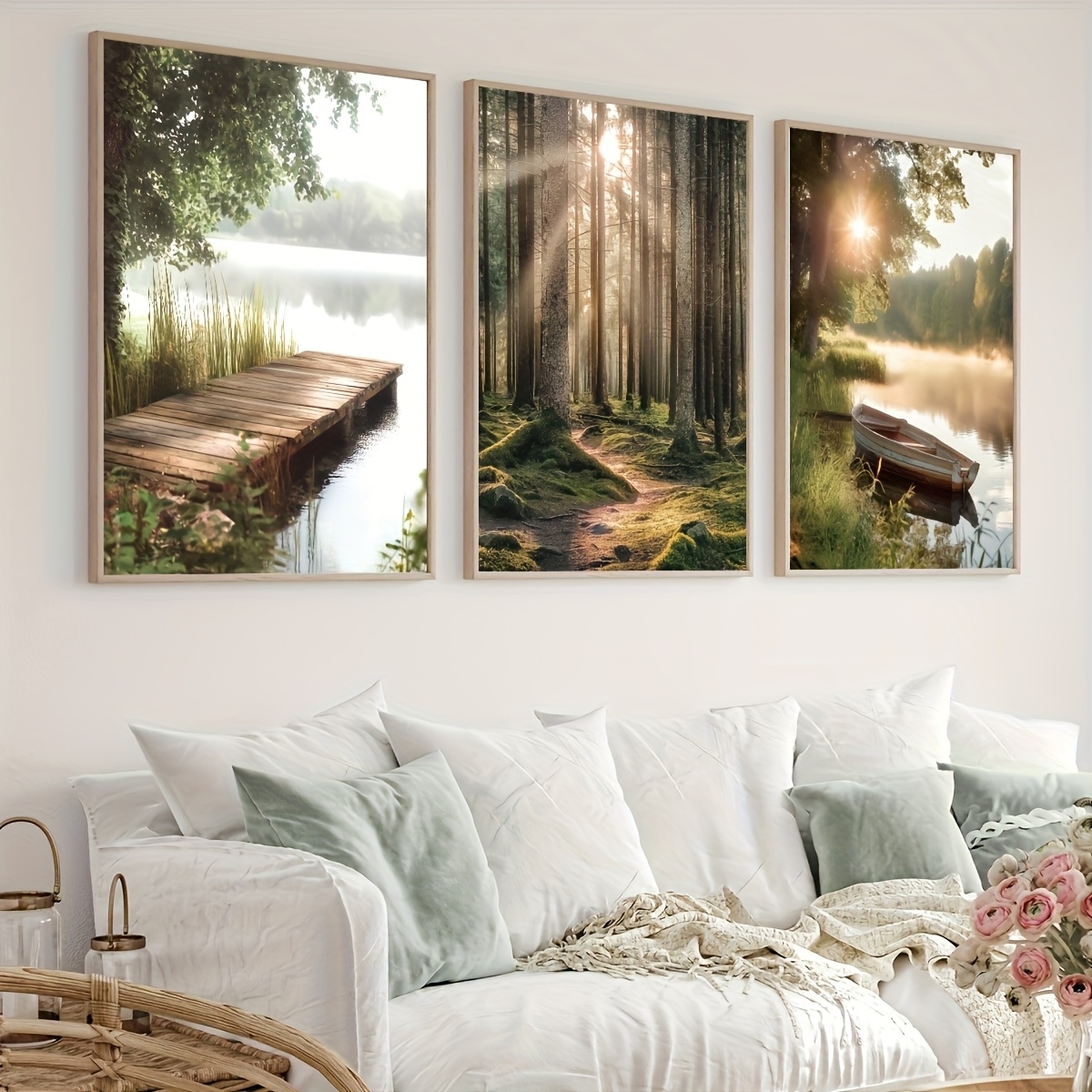 E-shop 3er-Set, Ungerahmtes Leinwandposter, Waldsee-Aufdruck, Natürliche Wandkunst, Sonnenaufgang Boot und Seeansicht Wildblumenfoto, Grüne