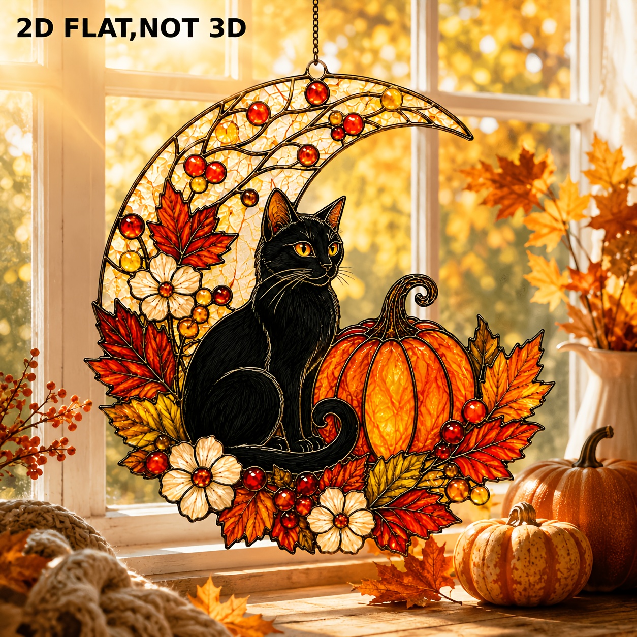 TEMU 2d Flat, Autumn Pumpkin Sunflower Moon Acrylic Suncatcher, 2d Flat Stained Window Hanging Ornament, Maple Leaf Floral Thanksgiving Home Decor,