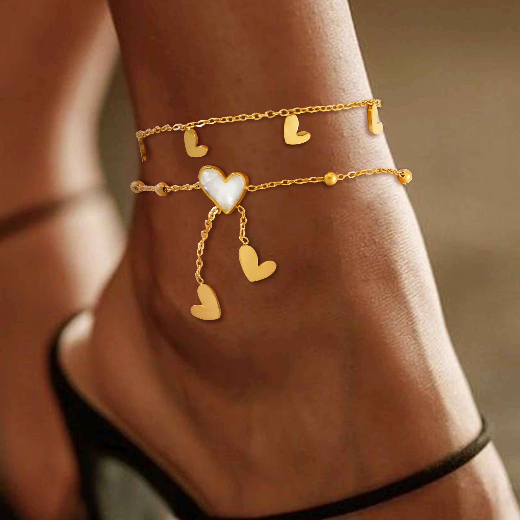 

1 Pc Love Heart Pendant Chain Anklet Multi-layer Sequin Love Pendant Adjustable Layered Ankle Bracelet