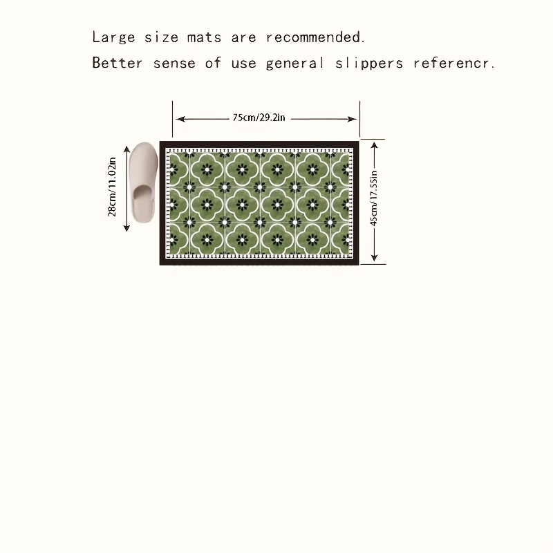 TEMU 1pc Non-slip Kitchen Mat - Green And White Floral Pattern Diatomite Rubber Bottom Floor Mat, Hand Washable, Durable, Easy To Clean, Ensures