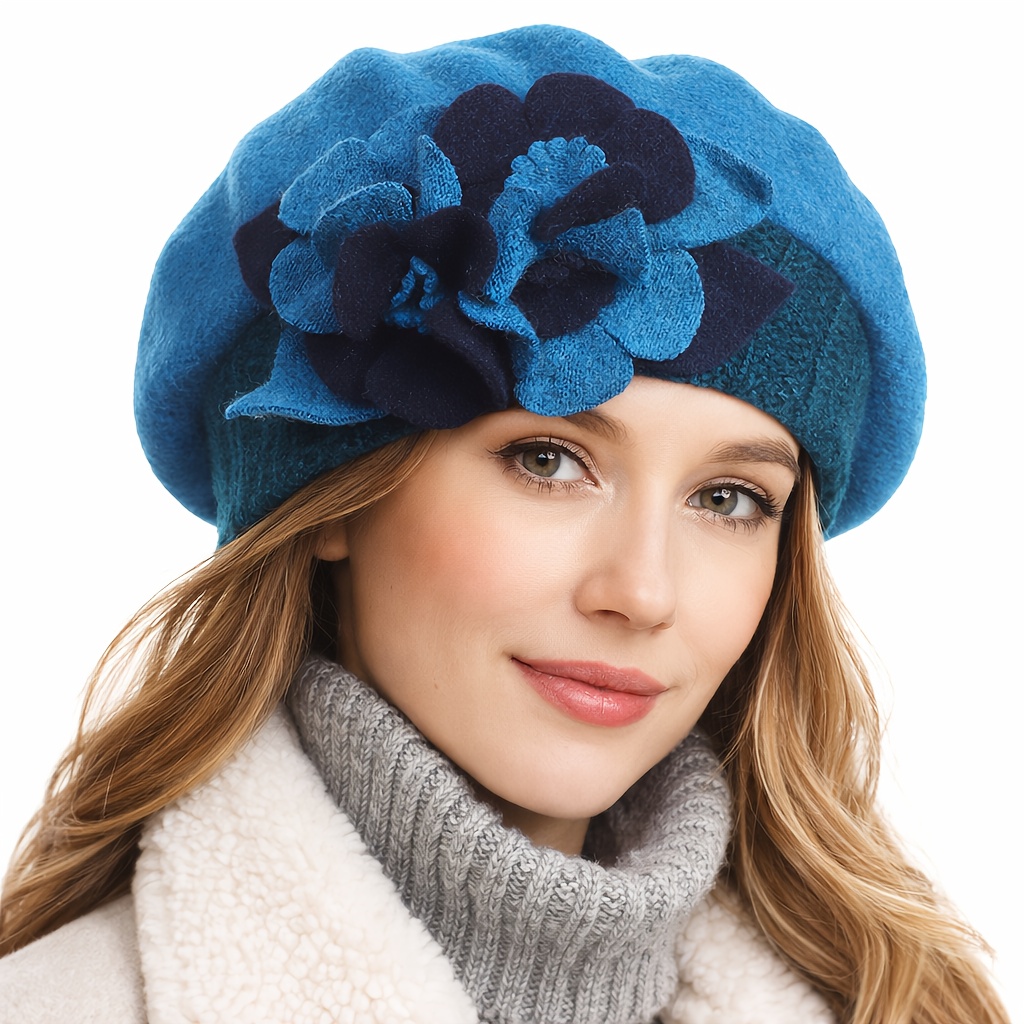 9138 Women French Beret Hat Reversible Solid Color Floral Warm Knitted Amazon.com: Nawati Flower Women Beret, Double Layer  main image 4