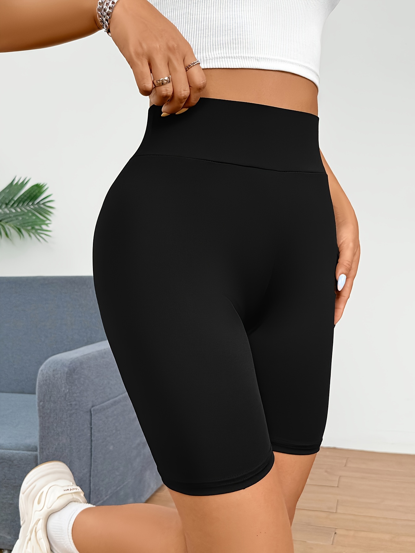 Solid Color High Waist Cropped Leggings, Versatile Skinny Stretchy Cropped Leggings For Summer, Women's Clothing