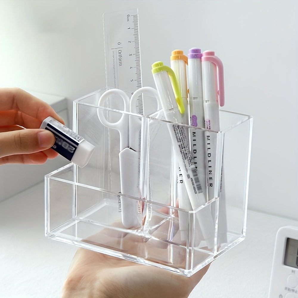 

Clear Acrylic 3-compartment Pen Holder - Sleek For Office, School, Makeup & Bathroom Organization - Lightweight Storage Box With Ruler Included, Desk Organizer | Sleek Acrylic Box | Pet Material