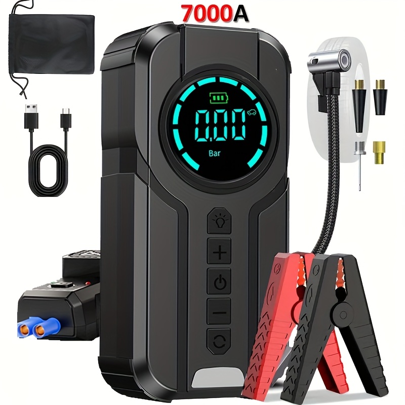 TEMU Alimentatore Portatile 7000A Avviatore di Emergenza per Bank con Compressore d'Aria, Gonfia Pneumatici Senza per Veicoli a Benzina e Diesel fino