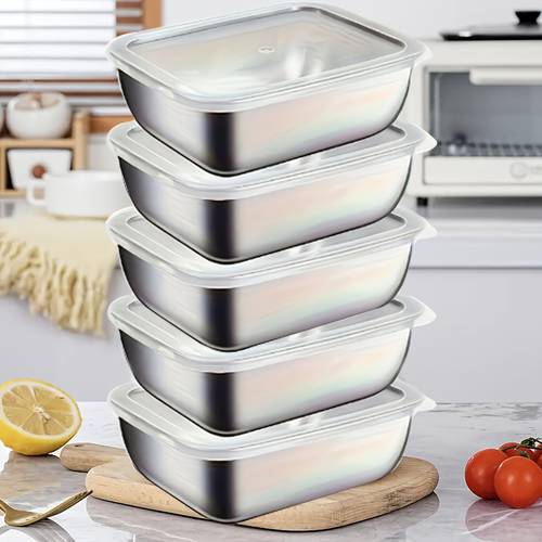 10 Stainless Steel Leakproof Food Storage Containers, Reusable Multipurpose Food Storage And Organization Set with 5 Food Storage Containers And 5 Clear Lids - Stackable Lunch Containers, Freezer-Safe And Dishwasher-Safe - Durable Stainless Steel, Space-Saving Kitchen And Lunch Containers, Stylish Travel Food Containers, Modern Cooking And Meal Prep Containers