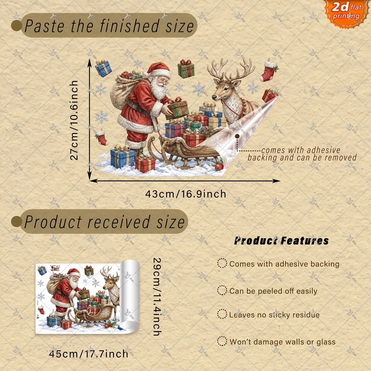 TEMU 2d Flat, 1pc 2d Flat Printing Sleigh Gift Box Snowflake Christmas Stocking 30*45cm Window Sticker Creative Diy Self-adhesive Removable