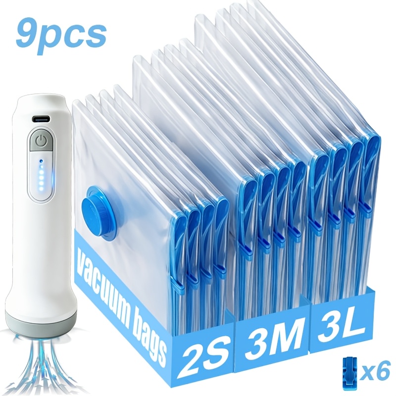 TEMU Ensemble de 9 sacs de rangement sous vide gris premium (2pcs S, 3pcs M, 3pcs L, 1pc Pompe électrique grise), de 80% d'espace de la compression,