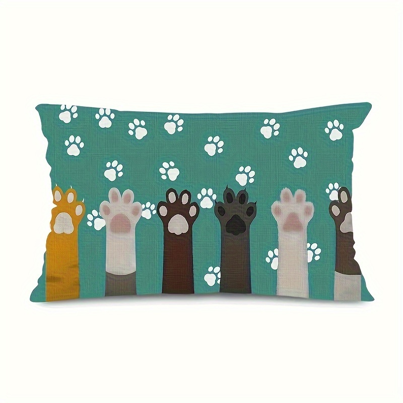 

Charming Cat Paw Print Linen Throw Pillow Cover - 12x20 Inch, Zip Closure, Machine Washable, Reversible Design For Living Room & Patio Decor