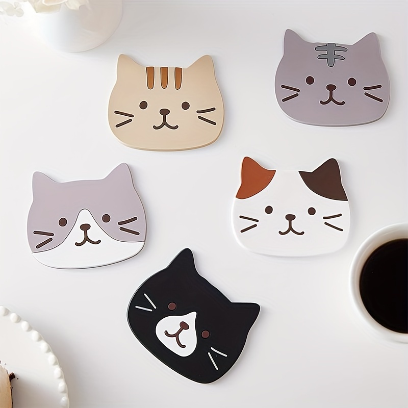 

5pcs, Cute Cat Silicone Coasters, Assorted Fun Designs, Heat Resistant, Non-slip, Easy To Clean, Soft Table & Desk Mats, Perfect For Home And Office Use, Gift Idea