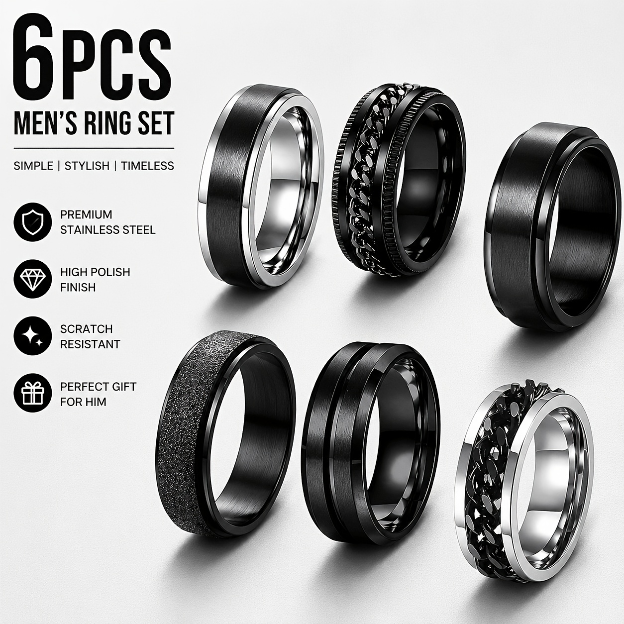 TEMU 6pcs 6/8mm Black Spinner Rings For Men Women Stainless Steel Ring Chain Fashion Ring Set Wedding Promise Band Rings Size 7-13
