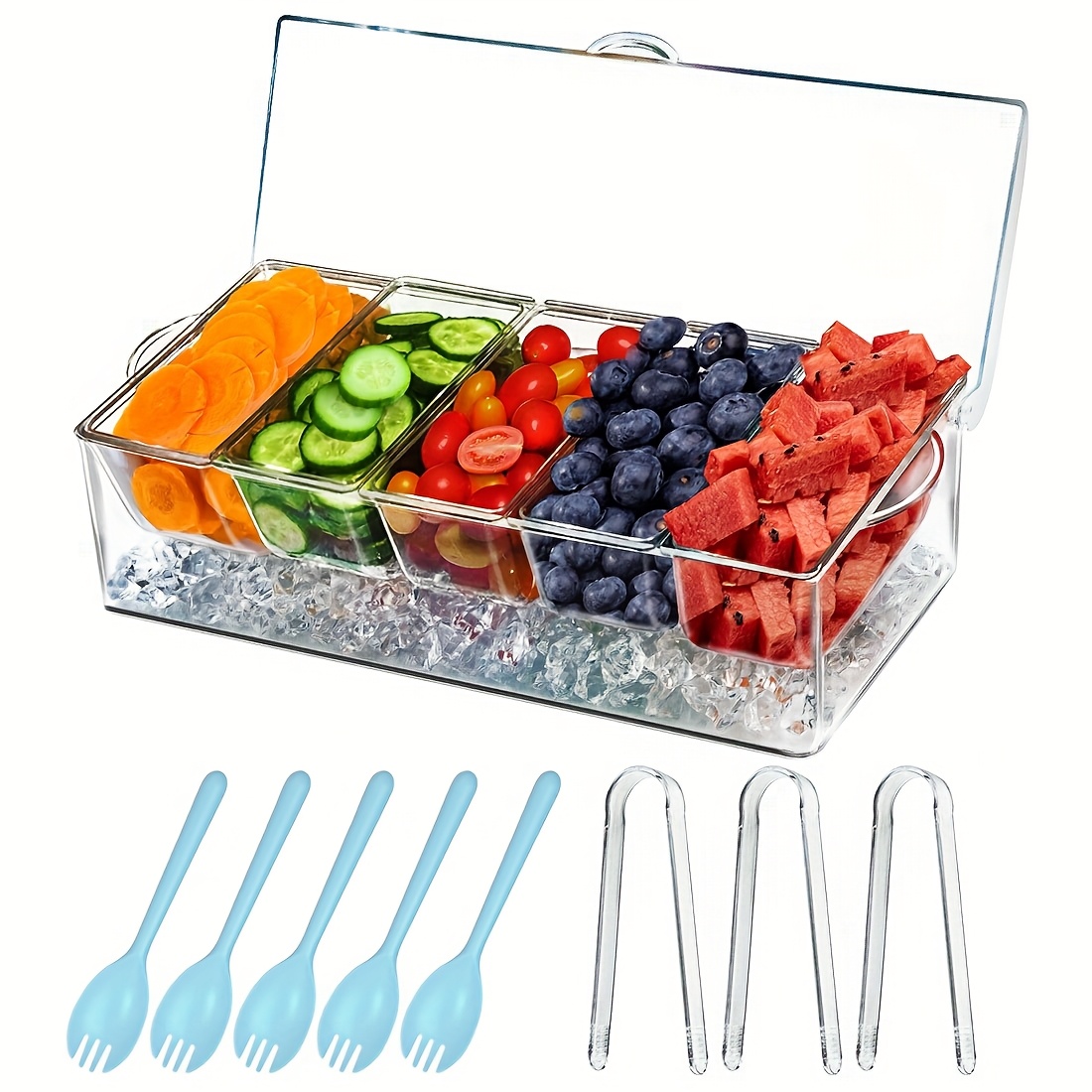TEMU 1pc Cold Seasoning Storage Box, With 5 Forks And 3 Pliers, Salad Storage Box, Suitable For Entertainment Parties With Lid, Bar Decoration Rack,