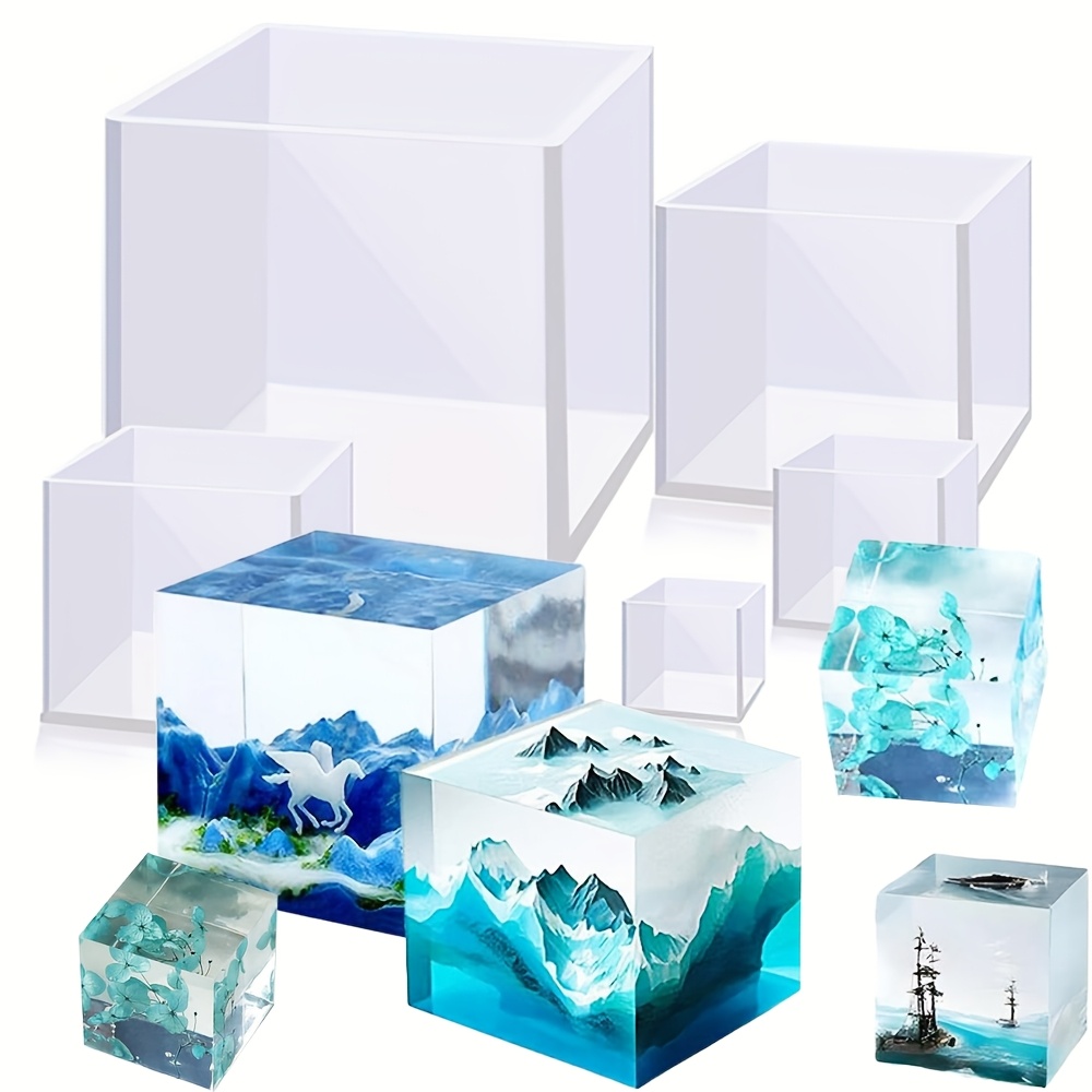 E-shop 3 Stk. kugelförmige Harzform / 5 Stk. kubische Harzform, transparente quadratische Silikonform, Tiefen sind jeweils 6/5/4/3/2 Zentimeter.