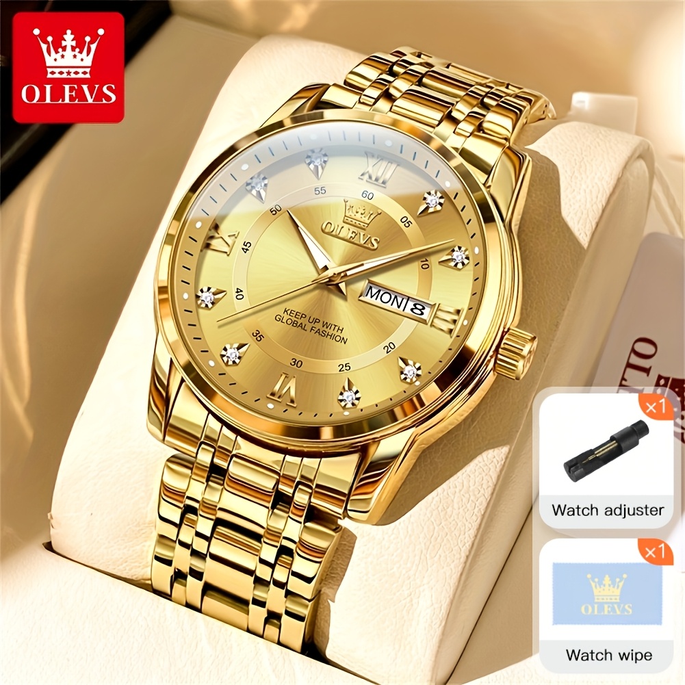 Image of Olevs Men's Luxury Business Dress Watch With Rhinestones, Classic Fashion Quartz Stainless Steel For Men, Luminous Elegant Wristwatch, Ideal Romantic Gifts, In Blue//golden Dial