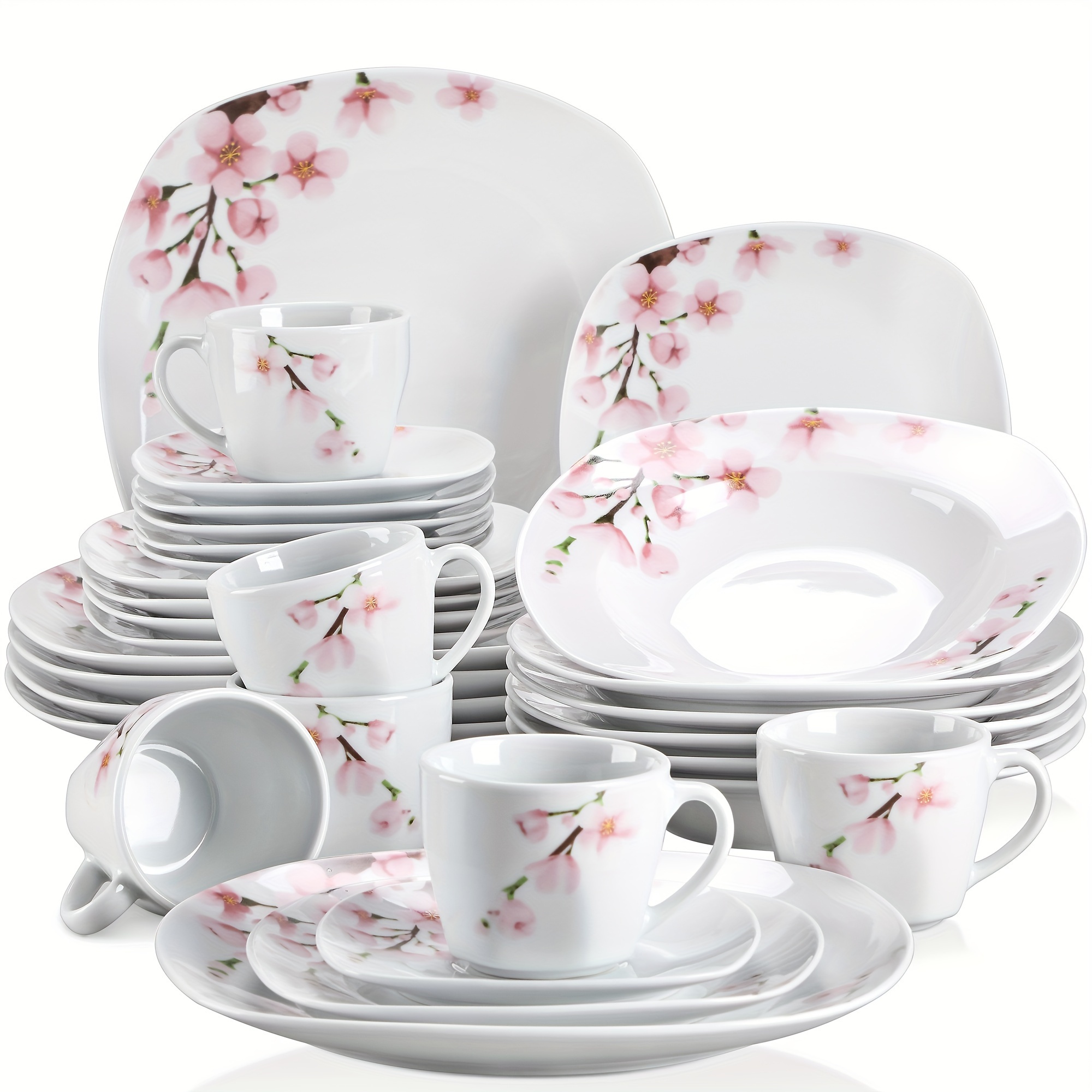 TEMU 30pcs Dinner Set Porcelain With Pink Flower Pattern Tableware Plate Bowl Service For 6