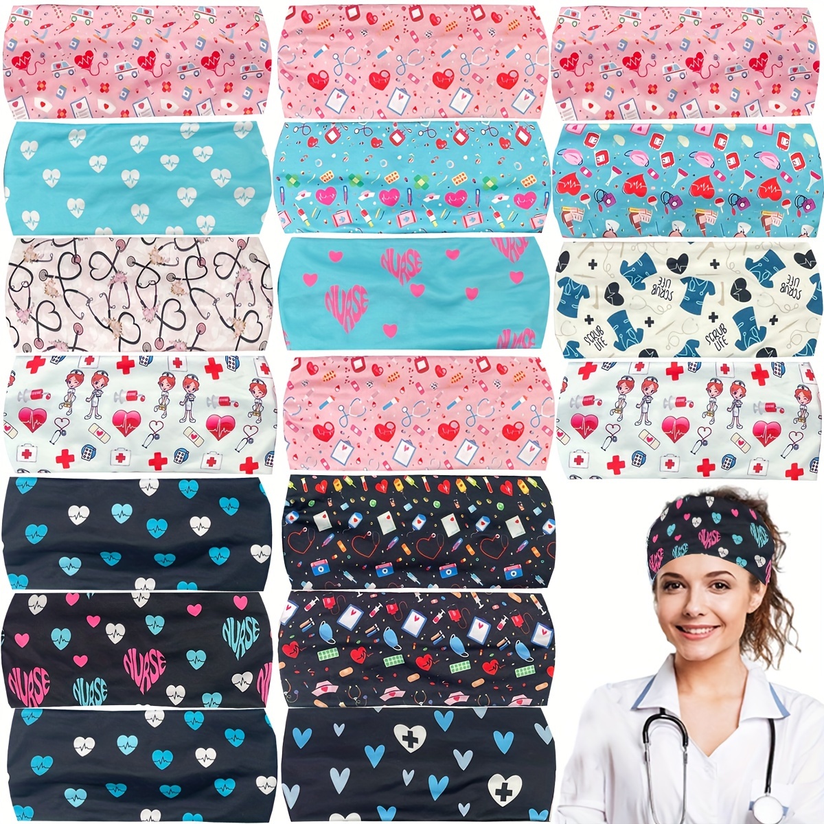 

3pcs International Nurse Day Series Head Bands Cartoon Heart Pattern Printed Elastic Hair Hoops For Women And Daily Use Wear