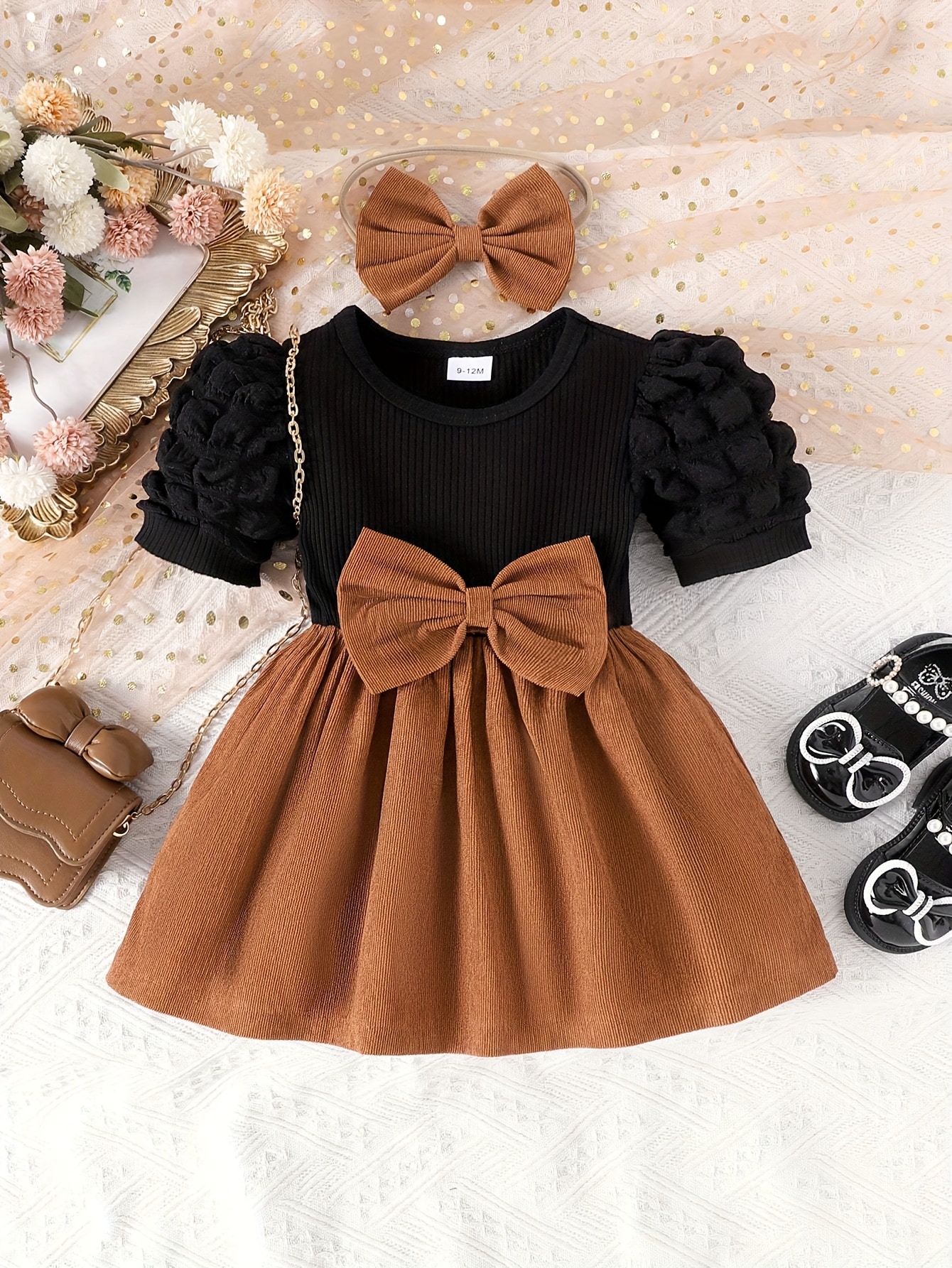 dark brown baby girl dress Chocolate Brown Sleeve and Neck Gathered Dress — Cotton Girls Dress main image 0
