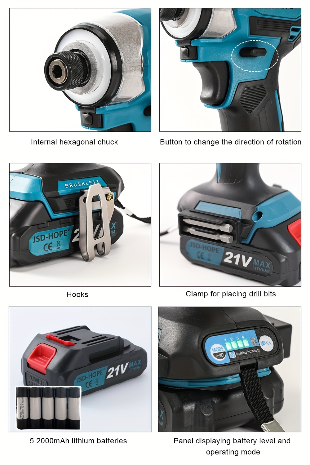 JSD-HOPE Taladro eléctrico inalámbrico, destornillador eléctrico inalámbrico, destornillador eléctrico sin brochas con batería de litio, taladro eléctrico recargable