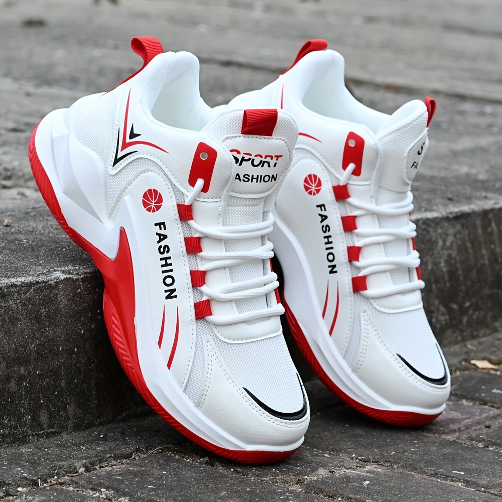 Tenis de basquetbol de caña alta para hombre, ligeros y transpirables con malla, detalles en rojo, cómodos para todas las temporadas, ideales para correr, deportes casuales y al aire libre, equipamiento de basquetbol, diseño deportivo elegante, suela acolchada EVA, estilo deportivo, ajuste cómodo, para un estilo de vida activo