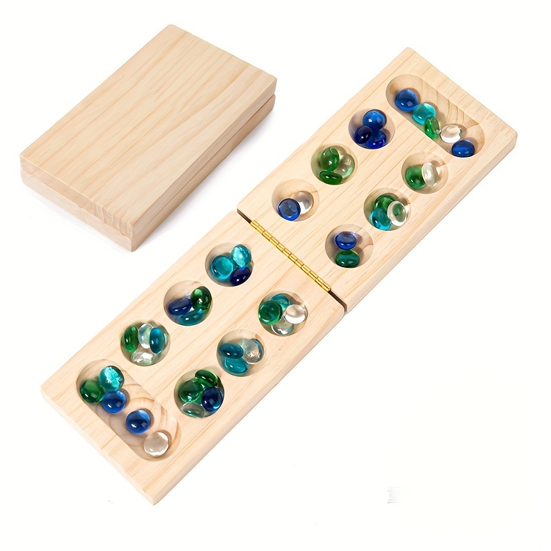 Image of Yidiemo Board Game Set, Folding Wooden Board And Multi-colored Glass Stones, Portable Game Gemstone Chess, Family Events Wooden Puzzle Toy For Birthday, Halloween, Christmas Gifts