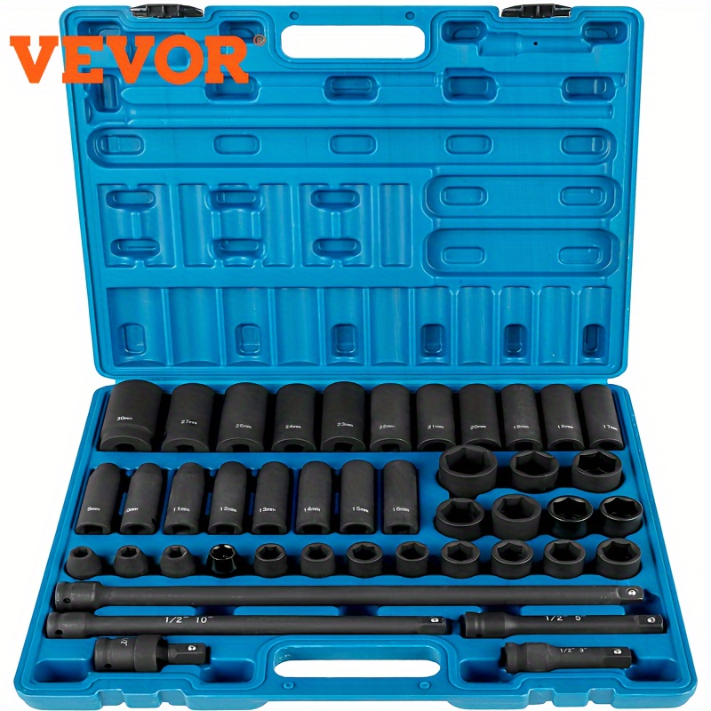 

Vevor Impact Socket Set 1/2 Inches 43 Piece Impact Sockets, Standard Socket Assortment, 1/2 Inches Drive Socket Set 6-point Sockets Metric 9-30mm (standard/deep)