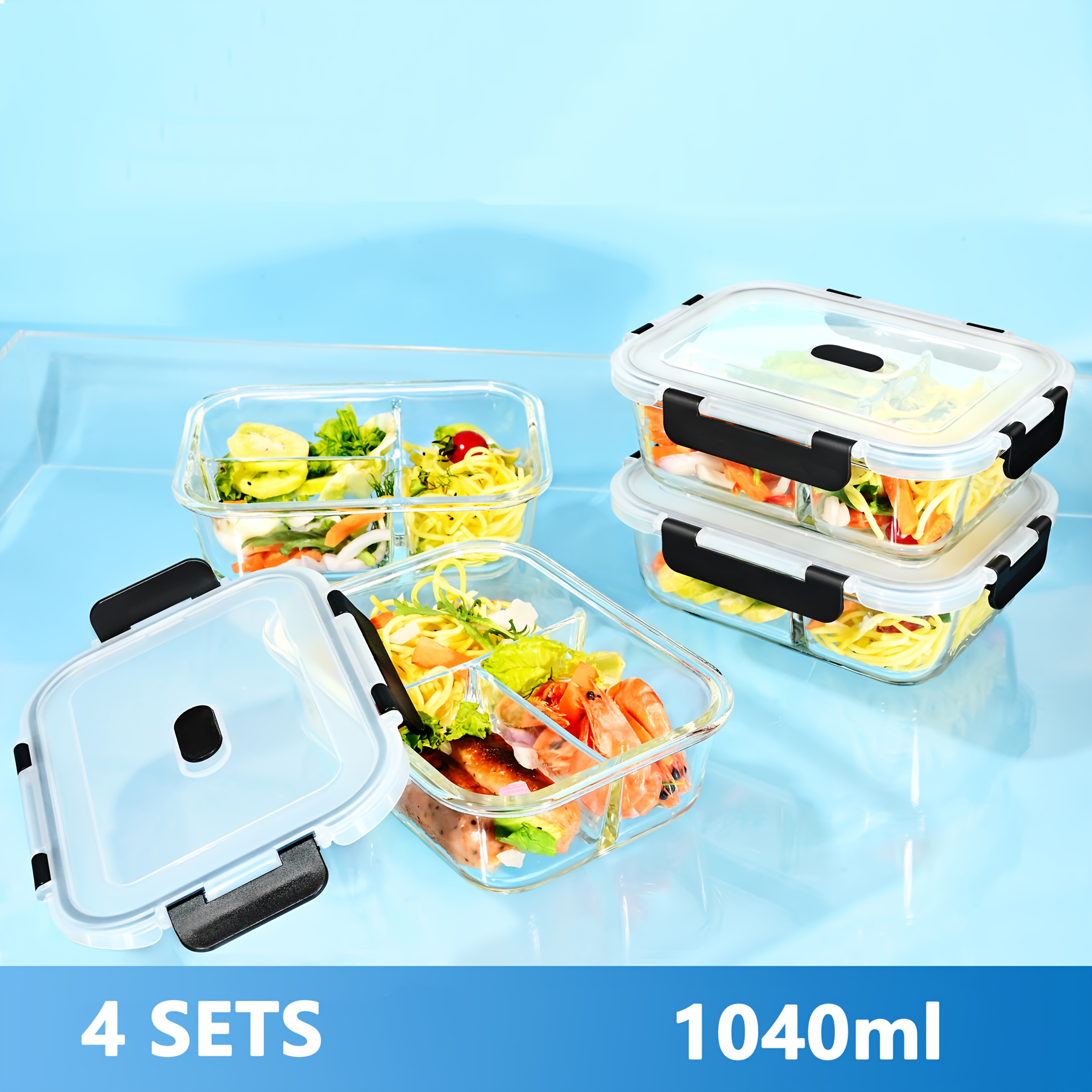 E-shop 4-teiliges Glas-Lebensmittelaufbewahrungsbehälter-Set (1040 ml Fassungsvermögen pro Stück), mit dreifach unterteilten Glasschalen.