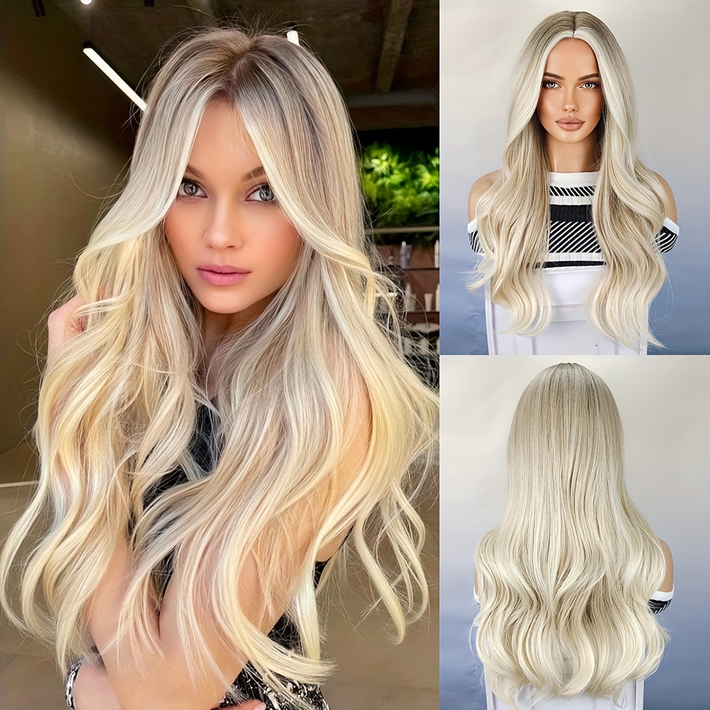 

Blonde Ombre Wavy Synthetic Wig For Women, Long Brown To Blonde Hair, Middle Part, Daily Wig Style